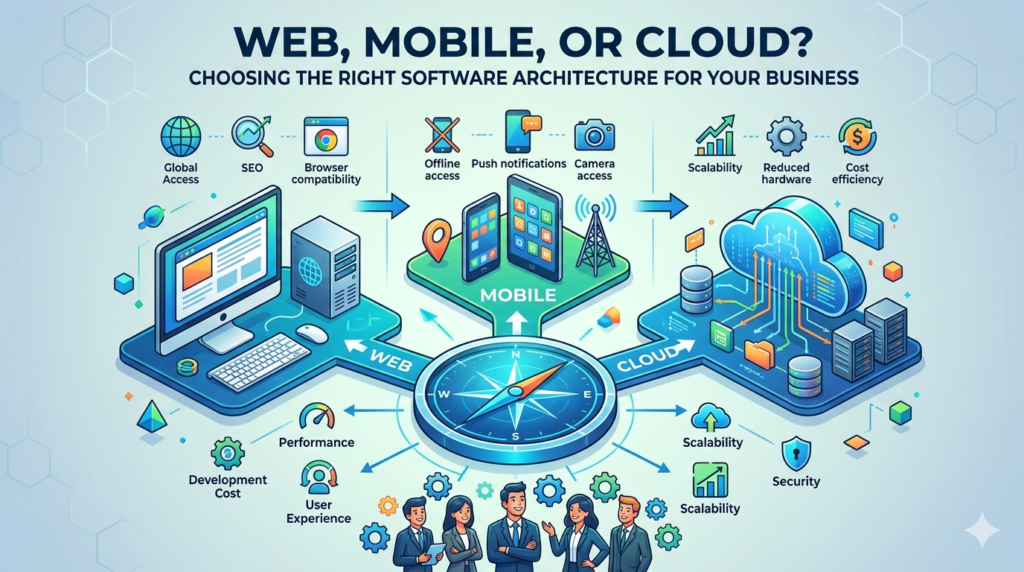 Comparison of web, mobile, and cloud software architectures for business solutions